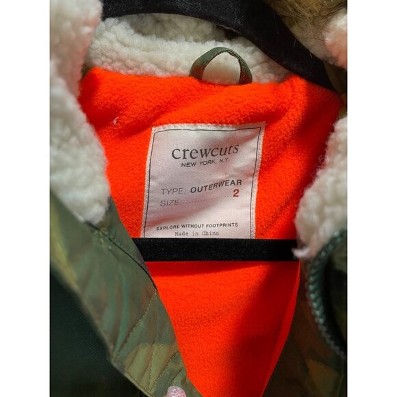 J. Crew Crewcuts Size 2 Kids Army Green Camouflage Down Winter Jacket Fur Hood - Picture 3 of 8